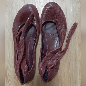 Maroon faux-snakeskin ankle-tie flats